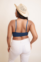 Load image into Gallery viewer, Stretchy lace blue brami plus size with loop waistband detail.