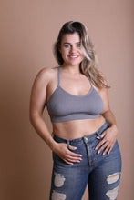 Load image into Gallery viewer, Lightweight embroidered tattoo back gray bralette for layering.