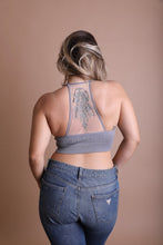 Load image into Gallery viewer, Tattoo back mesh gray bralette with stylish seamless design.