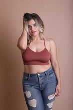 Load image into Gallery viewer, Elegant tattoo back mesh rust bralette with soft breathable fabric.