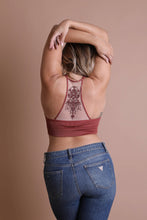Load image into Gallery viewer, Feminine tattoo back rust bralette with mesh racerback style.