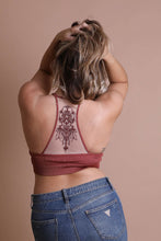 Load image into Gallery viewer, Racerback tattoo back rust bralette for comfortable layering.