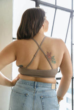 Load image into Gallery viewer, Halter style high neck mocha bralette with intricate crochet detail.