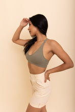 Load image into Gallery viewer, Lacey racerback sage bralette featuring stretchy fabric and lace detail.