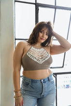 Load image into Gallery viewer, Feminine crochet lace mocha bralette with high neck and breathable fit.