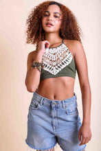 Load image into Gallery viewer, Elegant crochet lace high-neck olive bralette for layering.