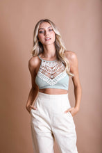 Load image into Gallery viewer, Crochet lace high neck sage bralette with halter style and cross-back straps.