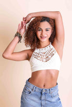 Load image into Gallery viewer, Breathable ivory lace high neck crochet bralette plus size fit.