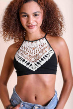 Load image into Gallery viewer, Feminine black lace high neck crochet bralette plus size style.