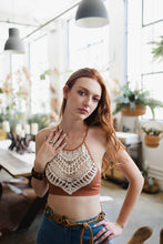 Load image into Gallery viewer, Rust plus size crochet lace high neck bralette with halter design.