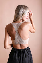Load image into Gallery viewer, Elegant lacey beige racerback bralette with wireless and stretchy fabric.