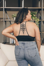 Load image into Gallery viewer, Tattoo back black bralette with racerback and embroidered mesh.