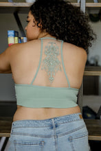 Load image into Gallery viewer, Lightweight tattoo back mesh sage bralette with soft seamless fit.