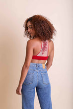 Load image into Gallery viewer, Tattoo back red bralette with embroidered mesh racerback style.