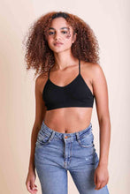 Load image into Gallery viewer, Tattoo back mesh black bralette with elegant embroidery.