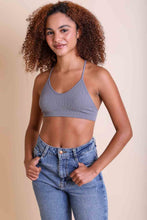 Load image into Gallery viewer, Feminine gray racerback tattoo back bralette with embroidery.