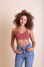 Load image into Gallery viewer, Breathable tattoo-inspired back rust bralette with soft stretch fit.