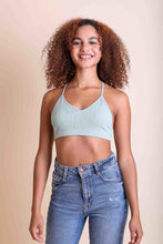 Load image into Gallery viewer, Breathable tattoo back sage bralette with embroidered mesh.