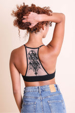 Load image into Gallery viewer, Stylish tattoo back black bralette with mesh racerback style.