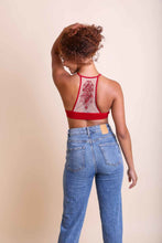 Load image into Gallery viewer, Embroidered mesh red racerback bralette with tattoo-inspired design.