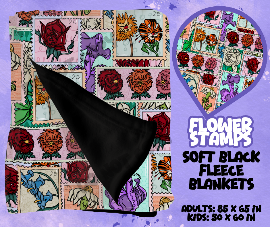 FLOWER STAMPS - SOFT BLACK FLEECE THROWS RUN 12-PREORDER CLOSING 9/22
